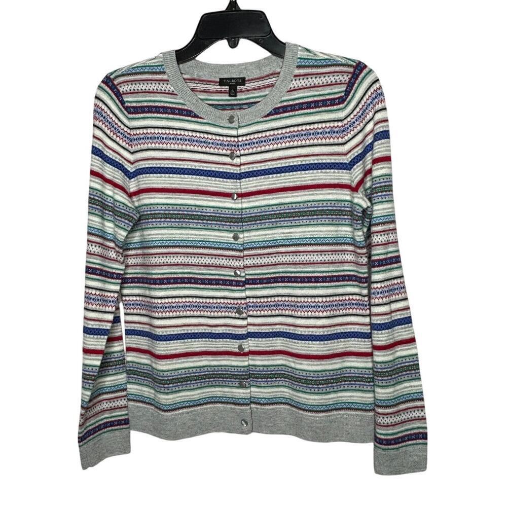 Talbots Fair Isle Lambswool Blend Striped Button Up Cardigan Size Small Petite